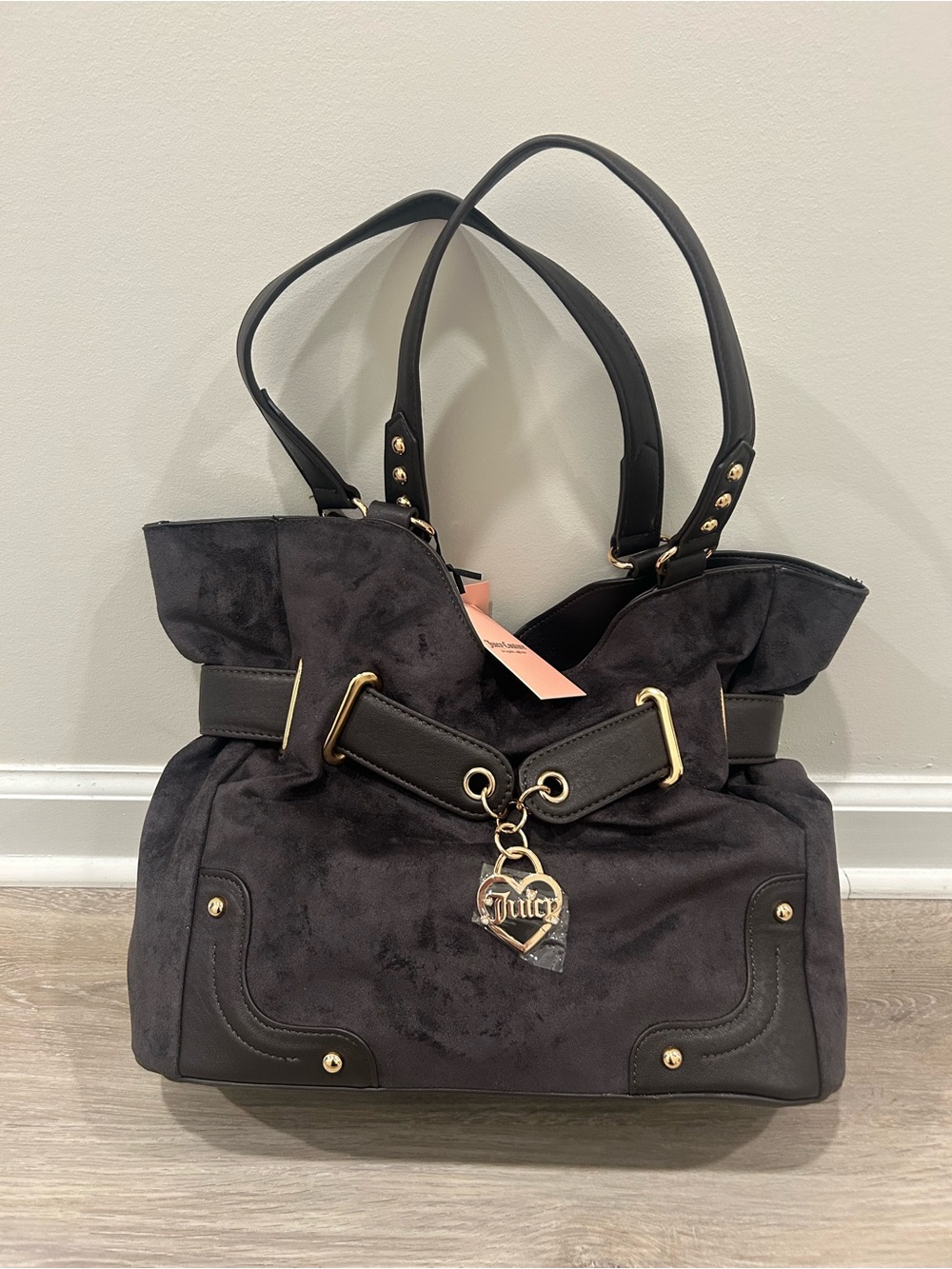Juicy Couture Black Suede Shoulder Tote with Gold Charm